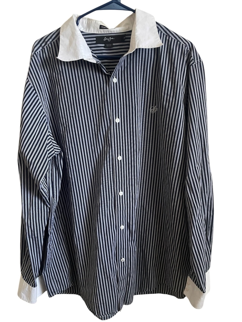 Sean John Long Sleeve Button Up Navy & White Striped XXL 100% Cotton Y2K Skate - Picture 3 of 9